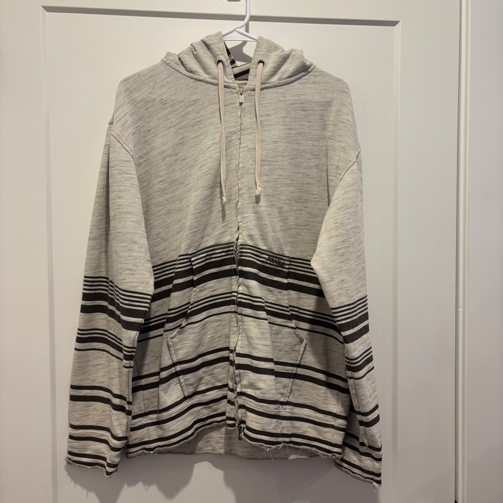 Vintage Analog Burton Striped Full Zip Hoodie Gray Black Raw Hem Skate Sweater S